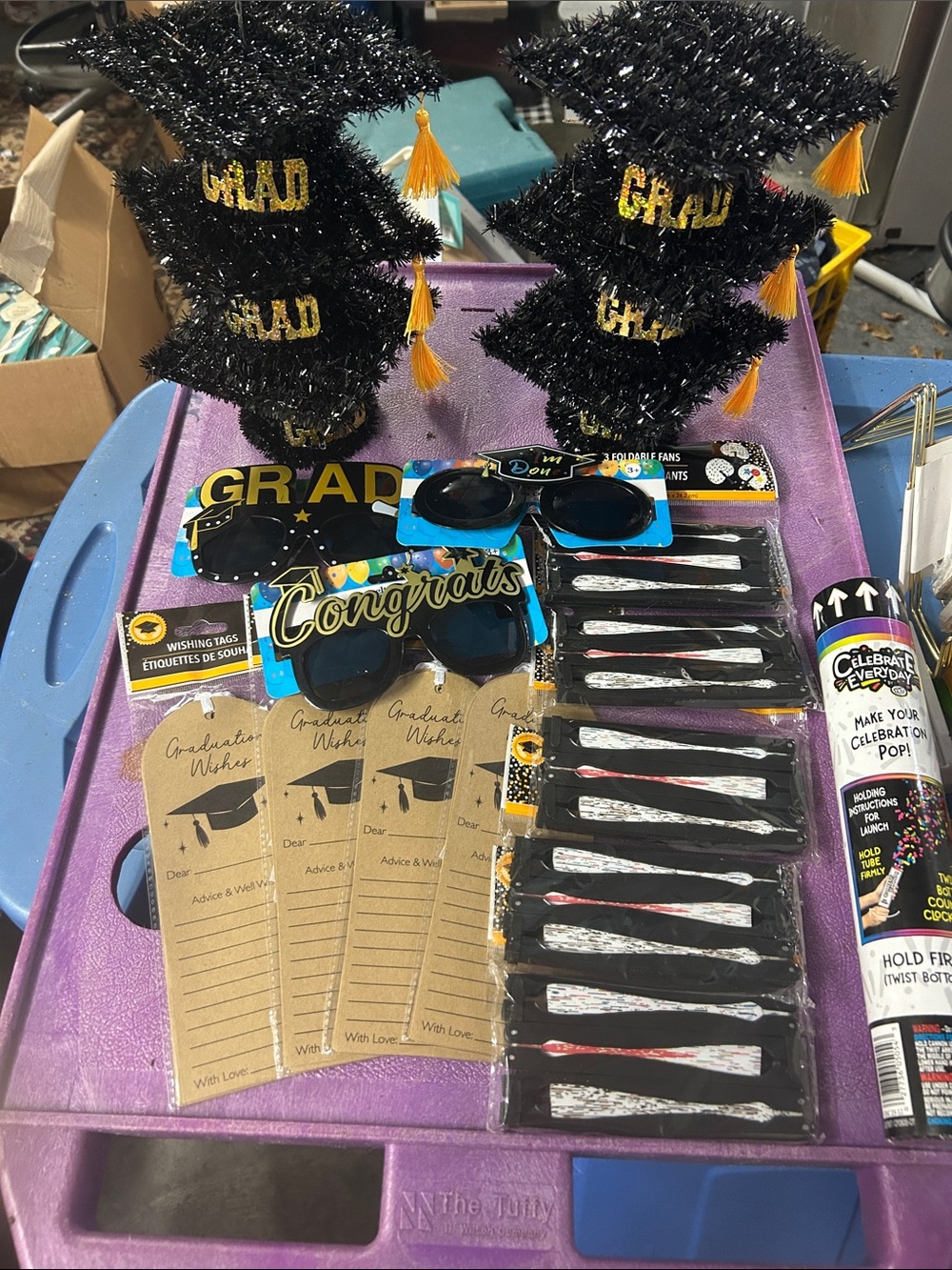 Graduation Party Kit - Black & Gold Grad Toppers, Congrats Sunglasses & Tassels